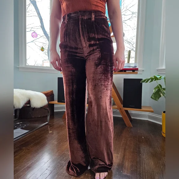 Reformation Wes Velvet Wide Leg Pants In Chestnut - Picture 4 of 16